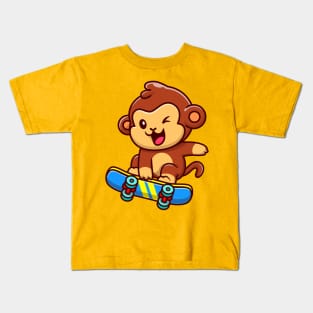 Cute Monkey Playing Skateboard Cartoon Kids T-Shirt